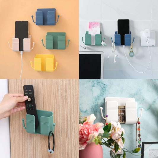 Wall Mounted Phone Holder Self-Adhesive Wall Phone Multipurpose Storage Box with Hooks